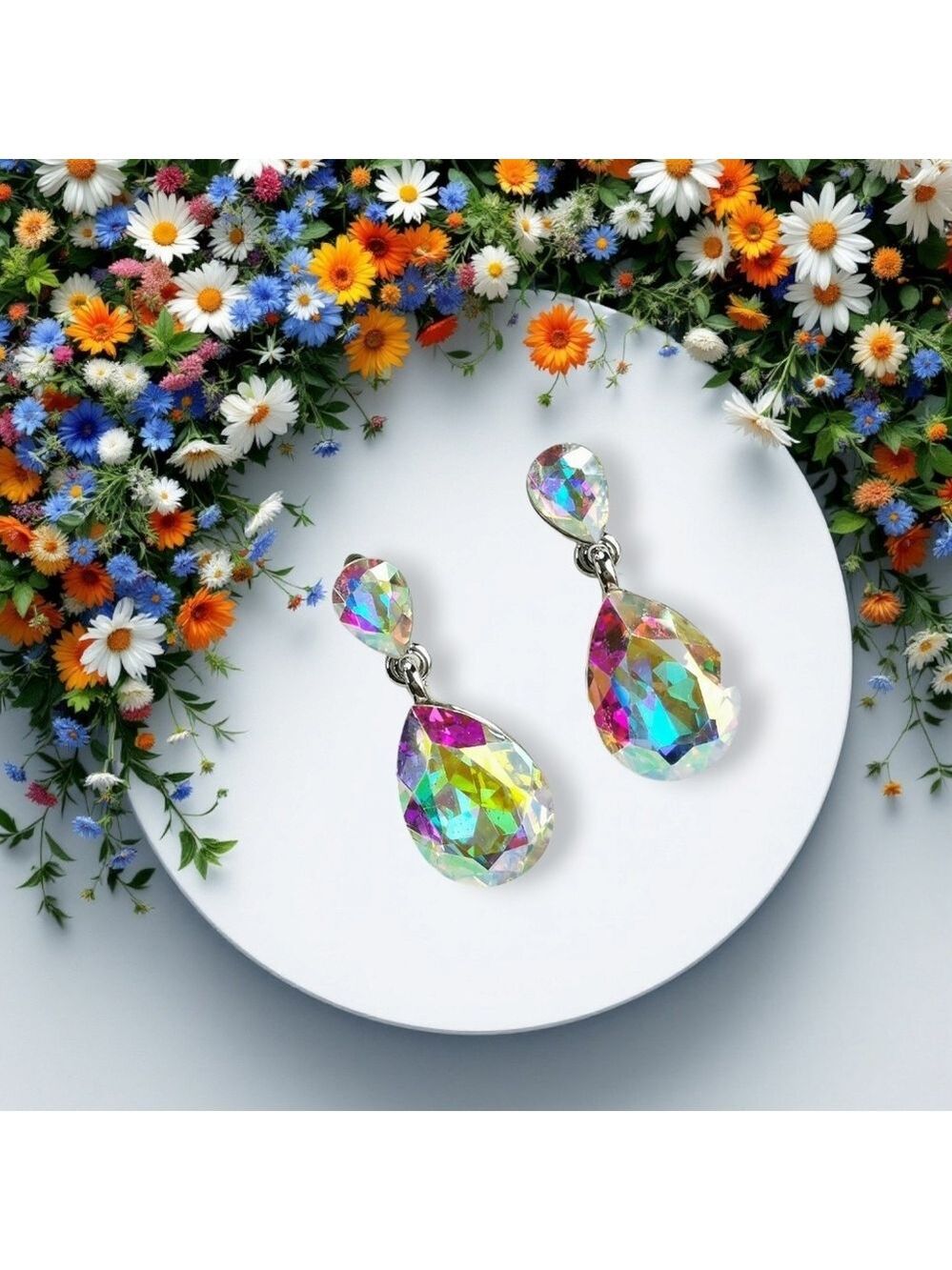 NWT Aurora Borealis crystal dangle drop earrings in silver tone